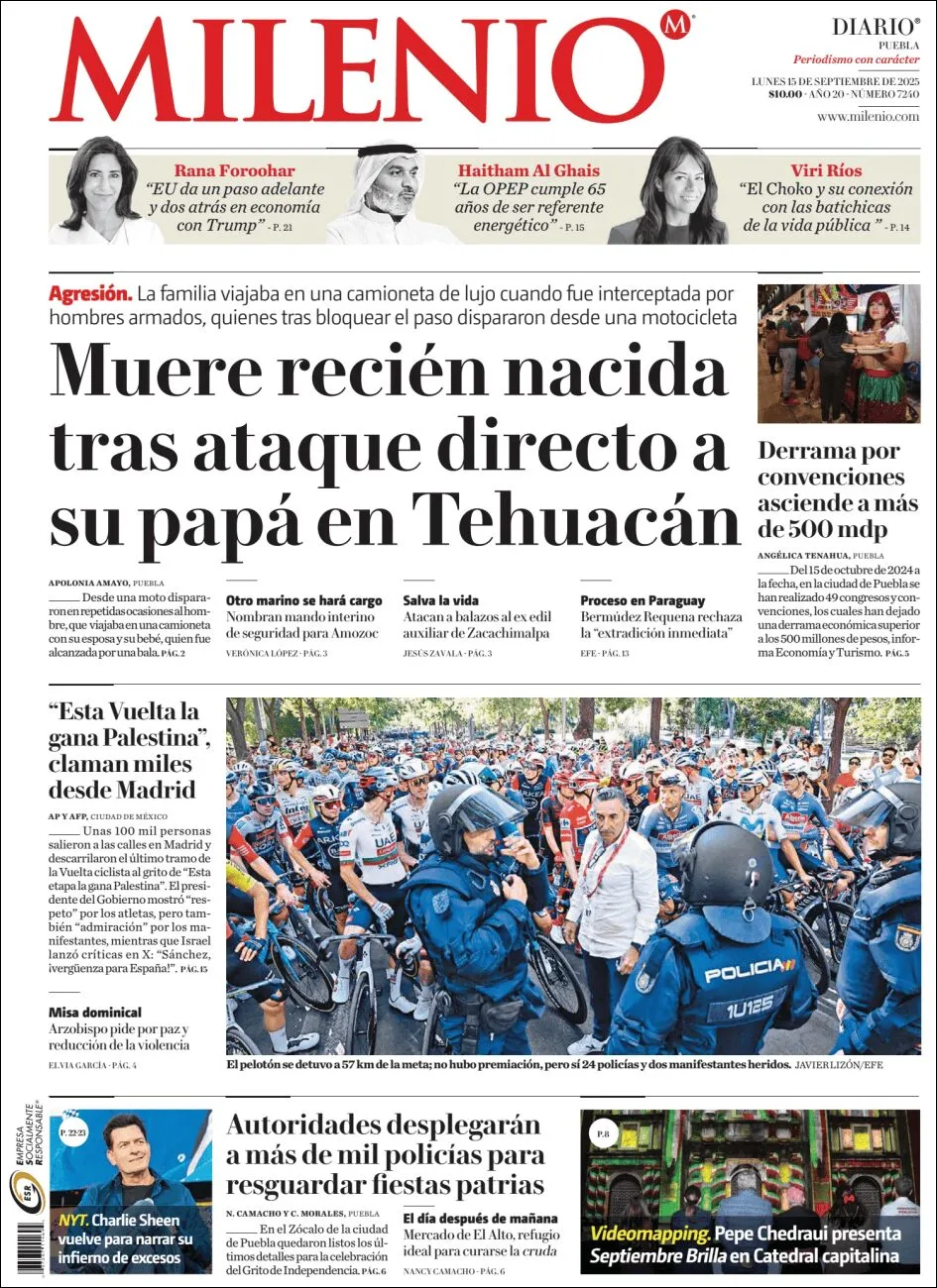 Portada de Milenio Puebla del lunes, 15 de septiembre de 2025