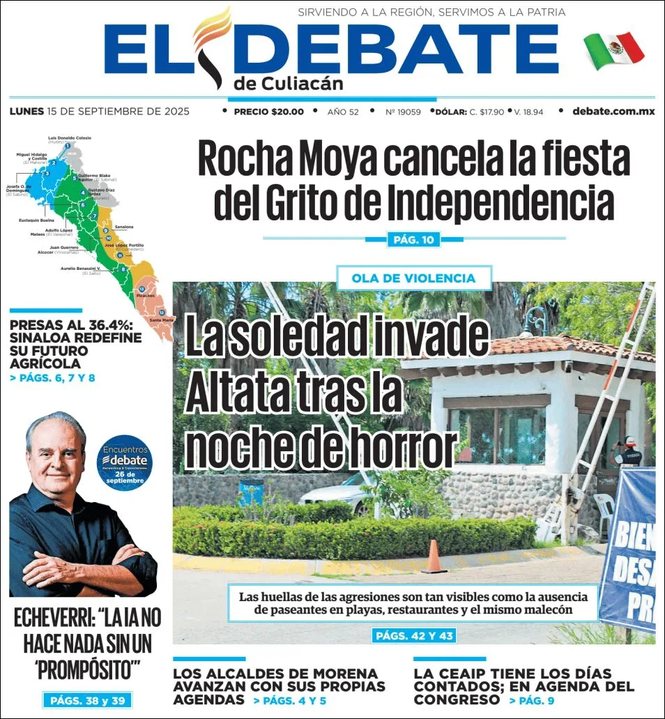 Portada de El Debate de Culiacan del lunes, 15 de septiembre de 2025