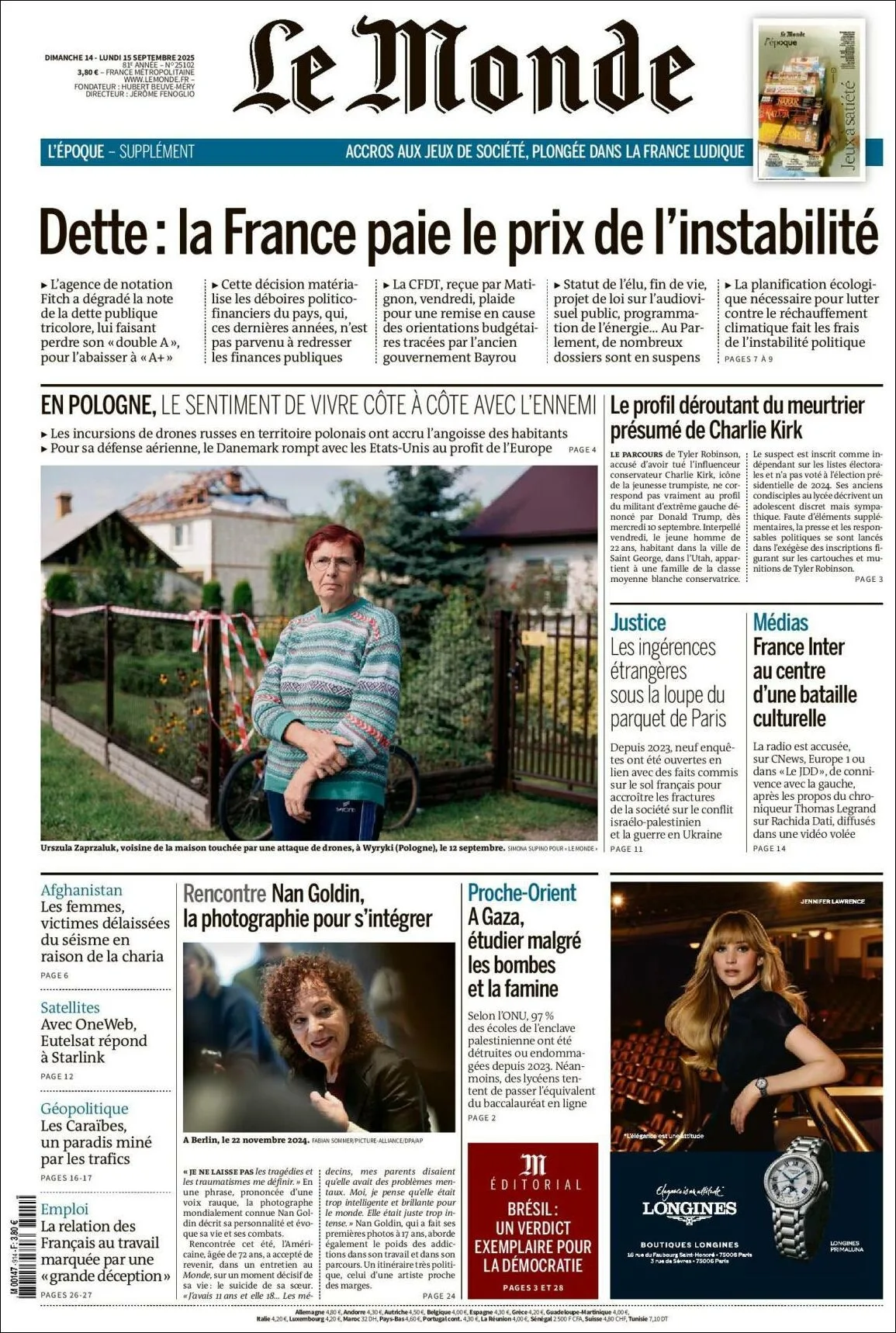 Portada de Le Monde del lunes, 15 de septiembre de 2025