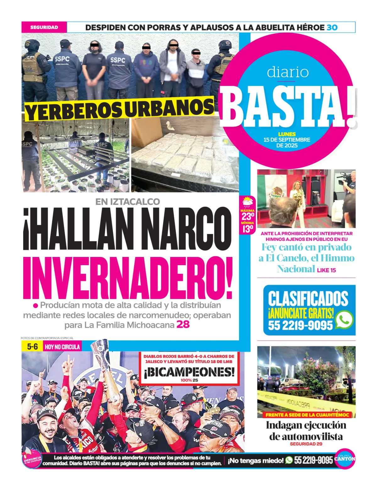 Portada de Basta! (contraportada ) del lunes, 15 de septiembre de 2025