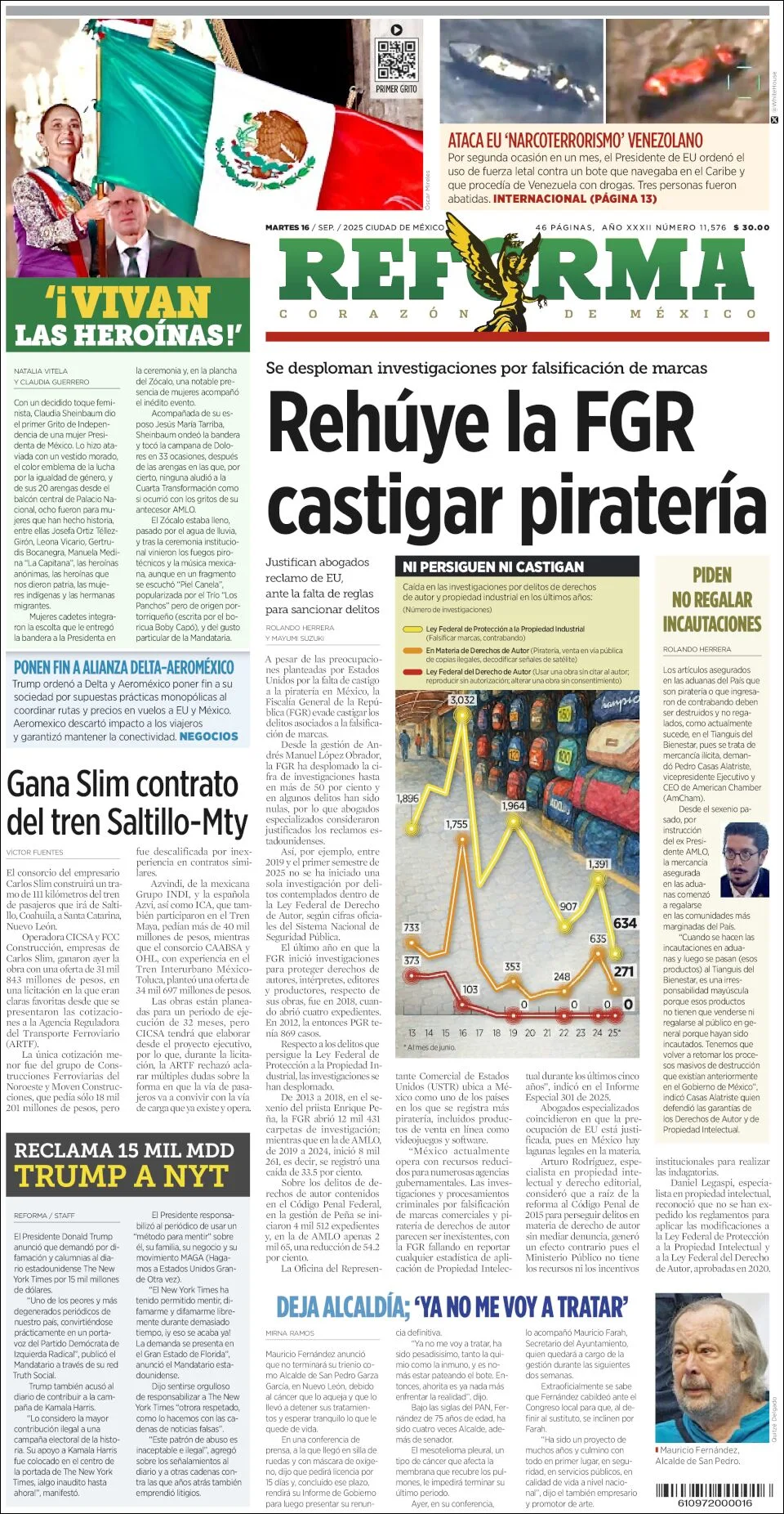 Portada de Reforma del martes, 16 de septiembre de 2025