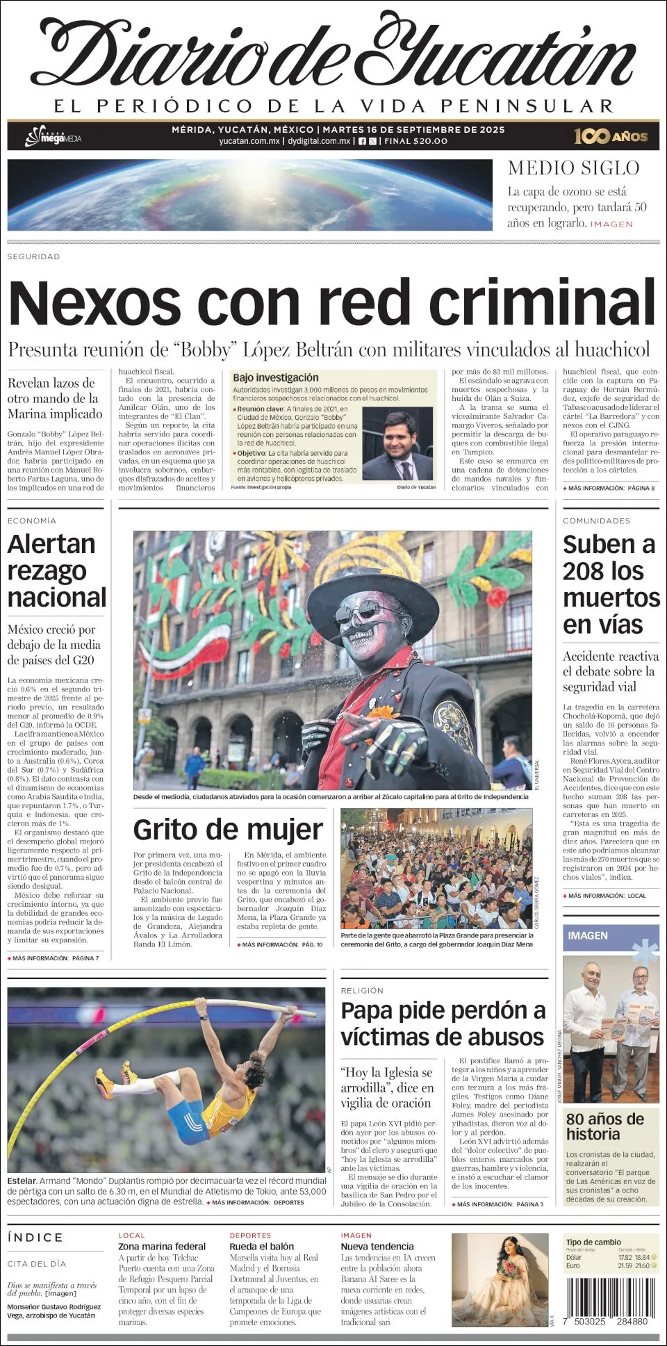 Portada de Diario de Yucatán del martes, 16 de septiembre de 2025