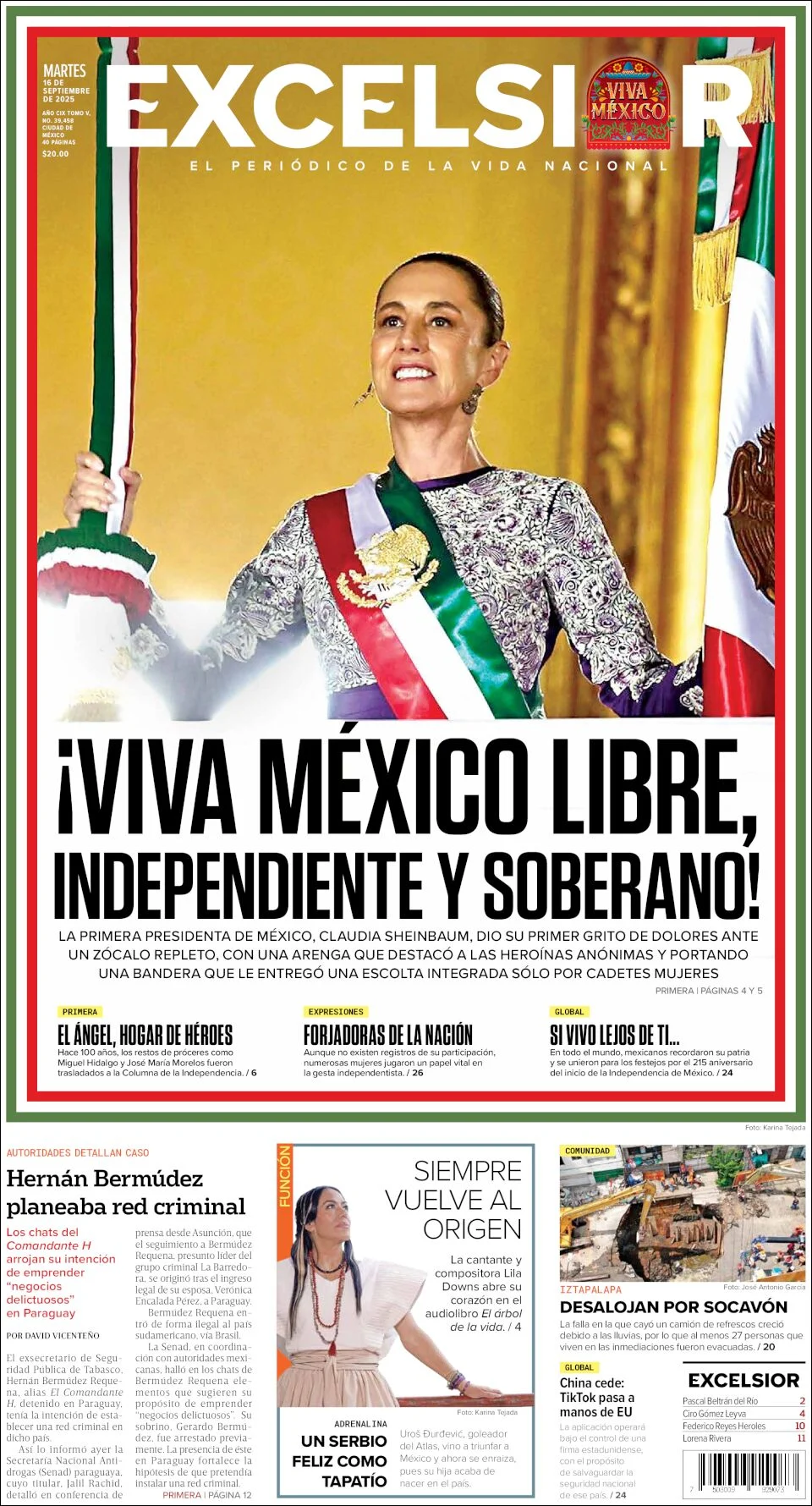 Portada de Excelsior del martes, 16 de septiembre de 2025