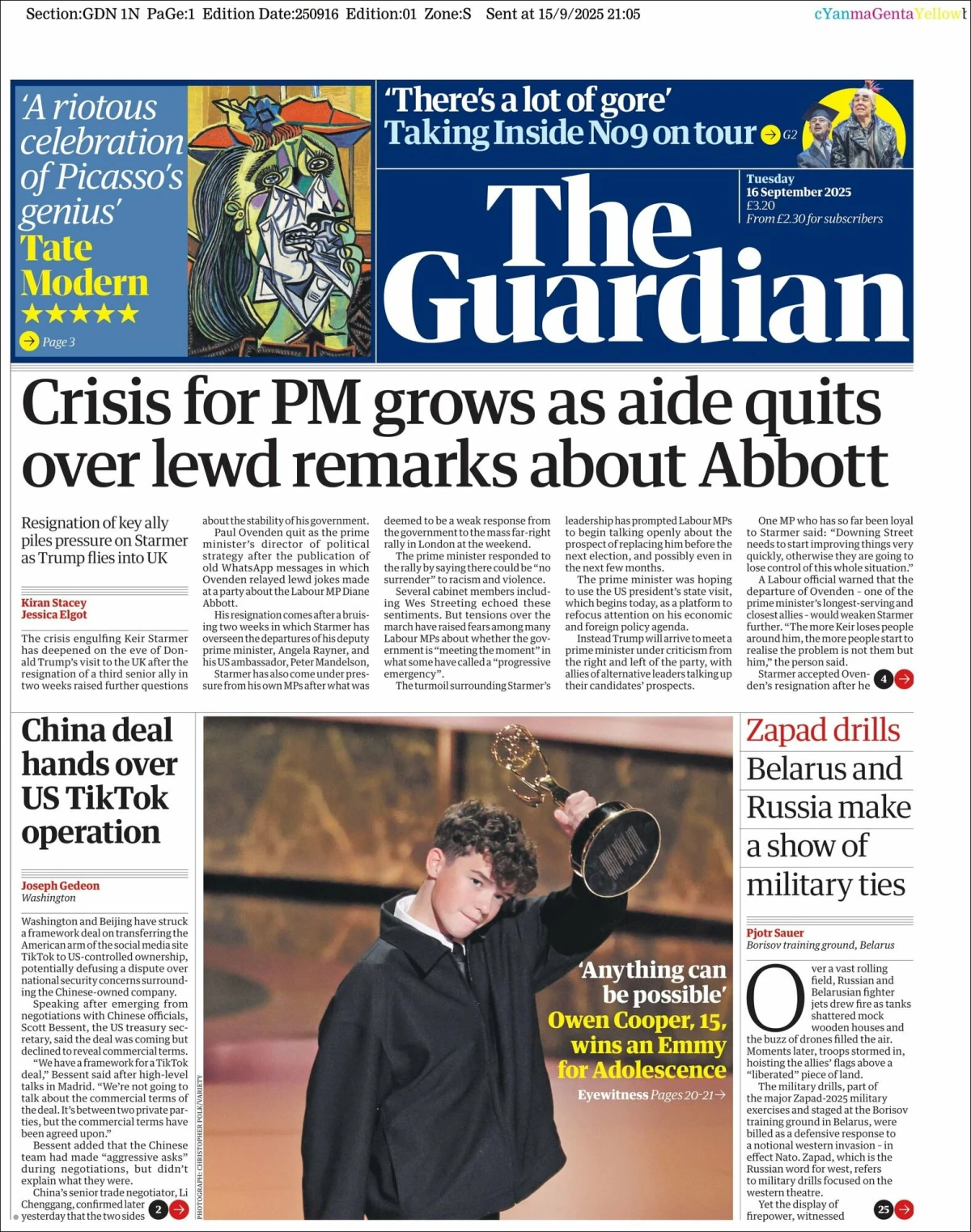 Portada de The Guardian (reino Unido) del martes, 16 de septiembre de 2025