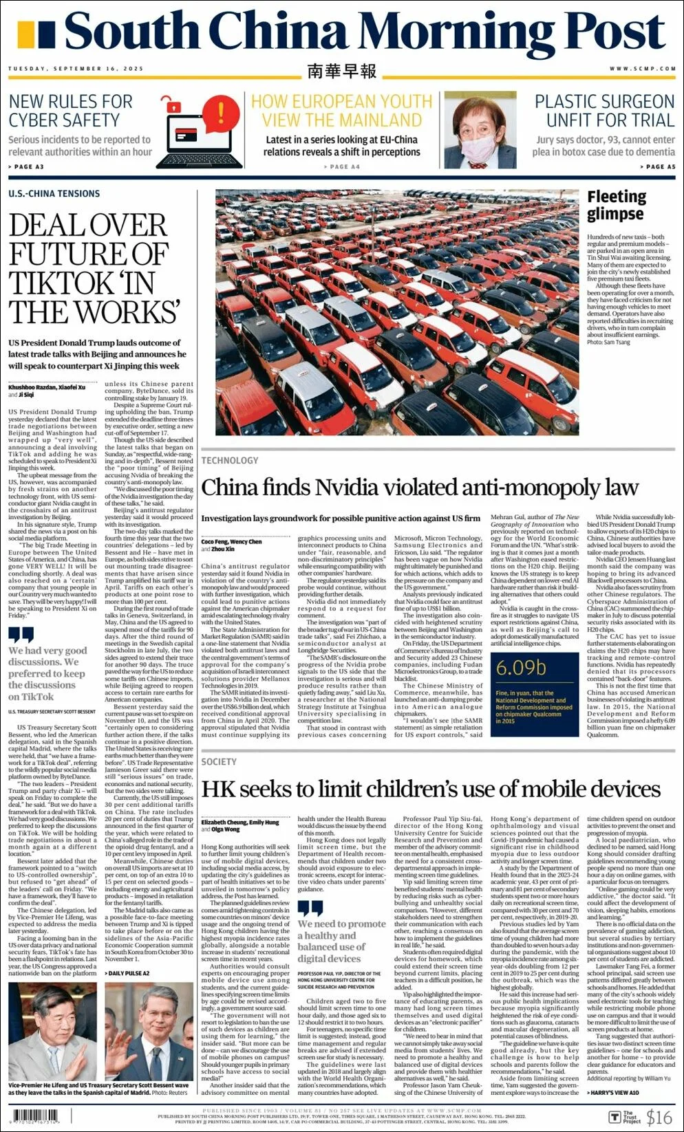 Portada de South China Morning Post del martes, 16 de septiembre de 2025
