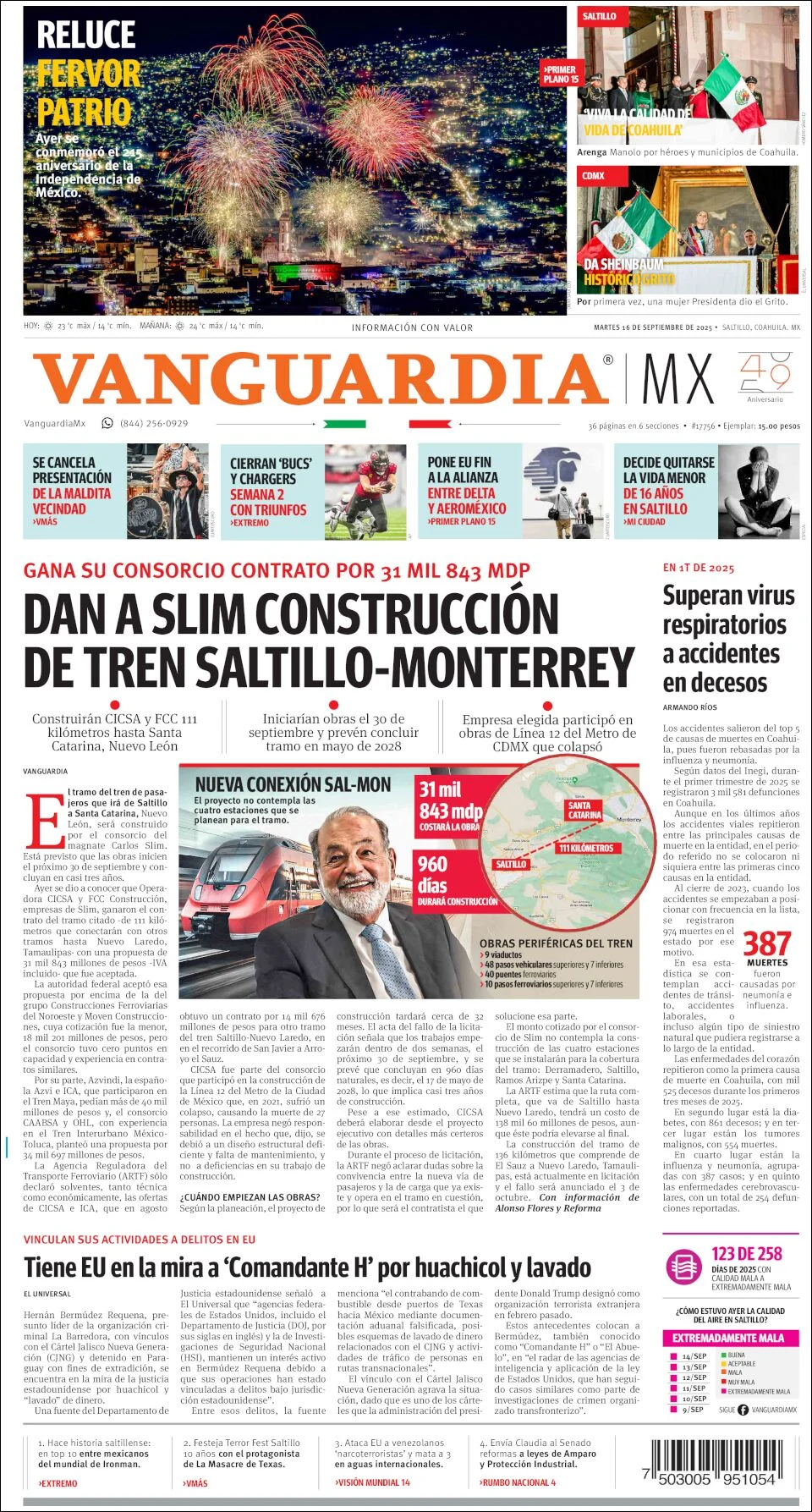 Portada de Vanguardia del martes, 16 de septiembre de 2025