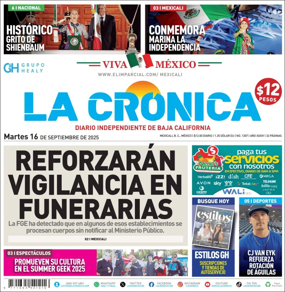 Portada de La Cronica del martes, 16 de septiembre de 2025