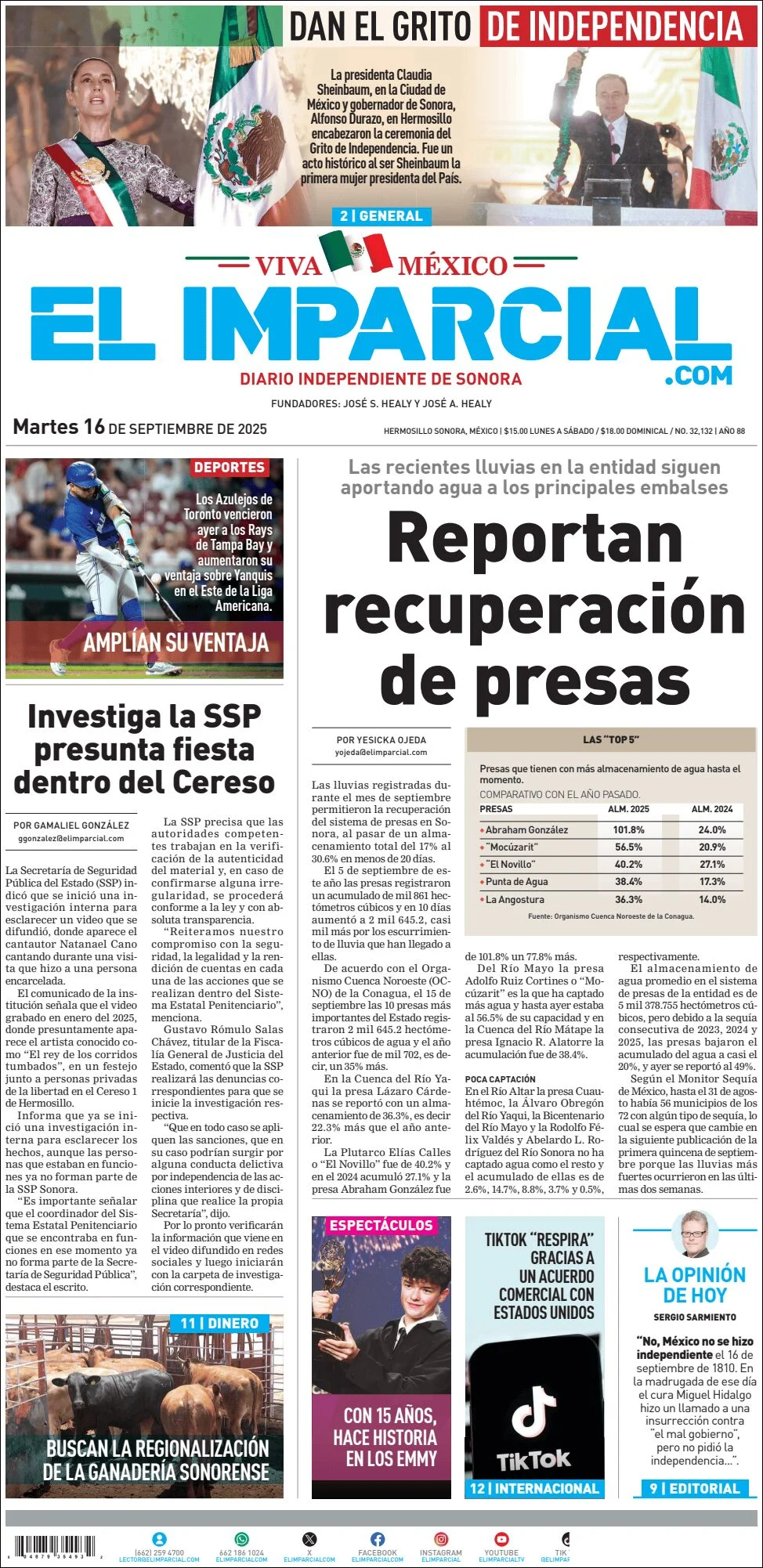 Portada de El Imparcial del martes, 16 de septiembre de 2025