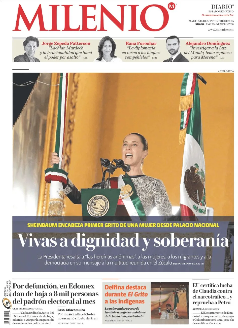 Portada de Milenio Edo de Mexico del martes, 16 de septiembre de 2025
