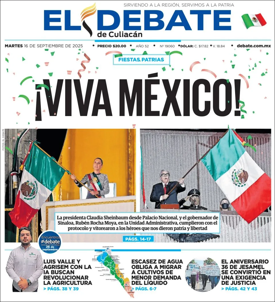 Portada de El Debate de Culiacan del martes, 16 de septiembre de 2025
