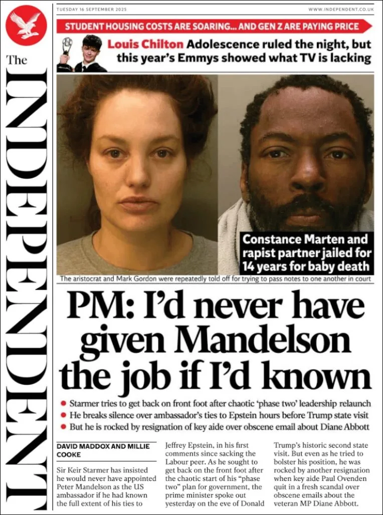 Portada de The Independent del martes, 16 de septiembre de 2025