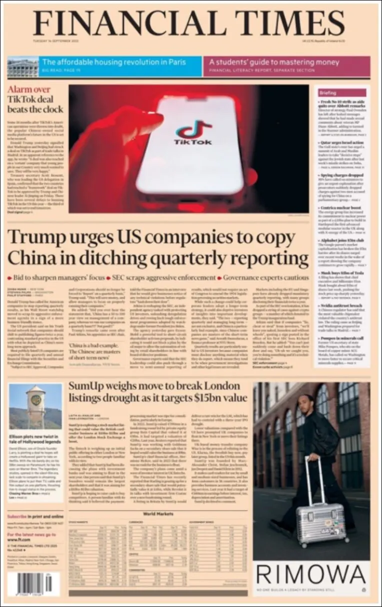 Portada de Financial Times del martes, 16 de septiembre de 2025
