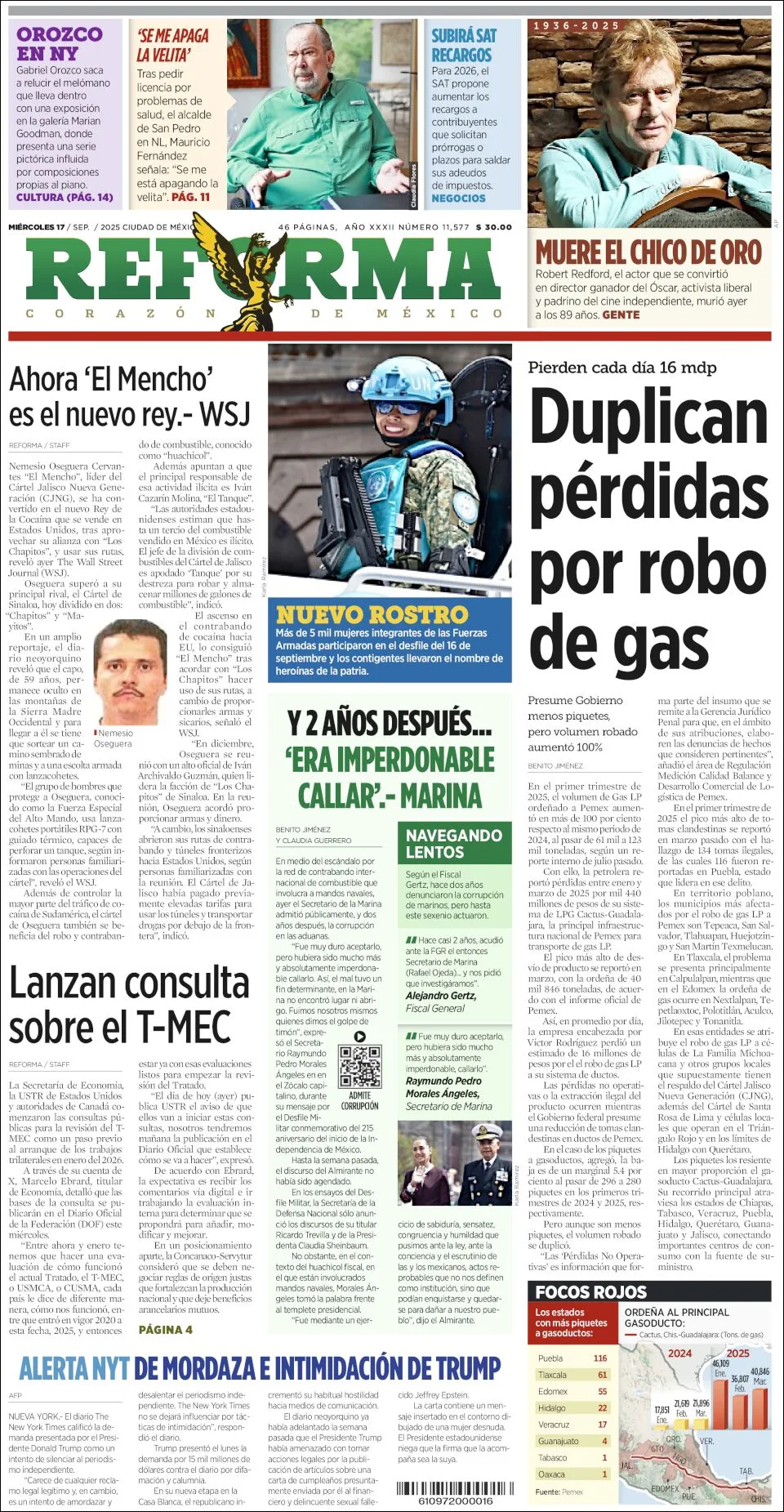 Portada de Reforma del miércoles, 17 de septiembre de 2025