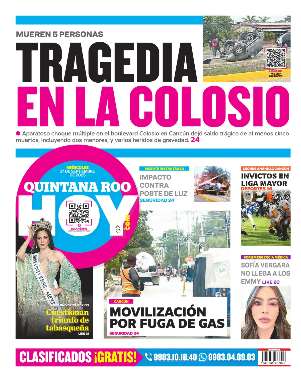Portada de Quintana Roo Hoy (contraportada) del miércoles, 17 de septiembre de 2025