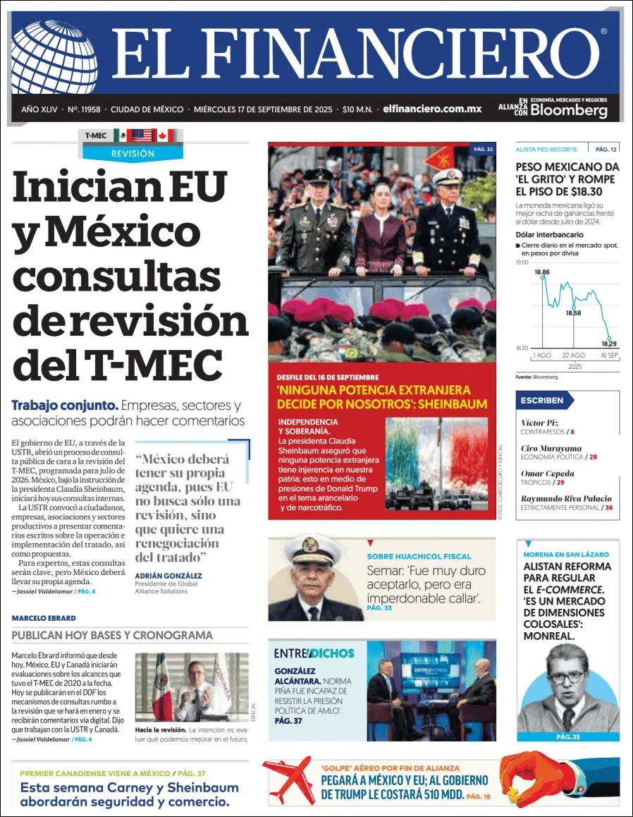 Portada de El Financiero del miércoles, 17 de septiembre de 2025