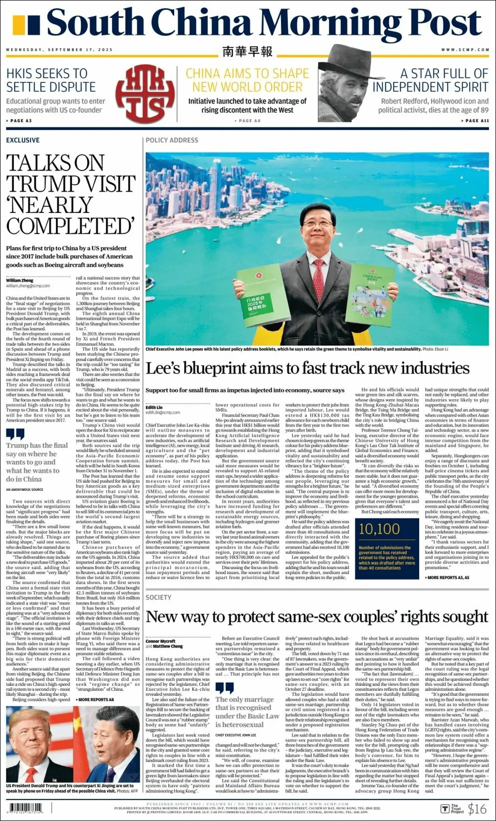 Portada de South China Morning Post del miércoles, 17 de septiembre de 2025