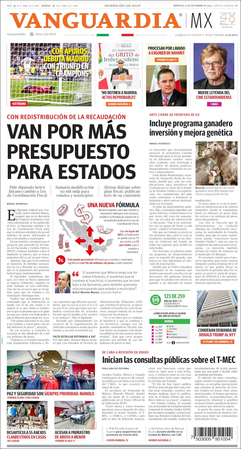 Portada de Vanguardia del miércoles, 17 de septiembre de 2025