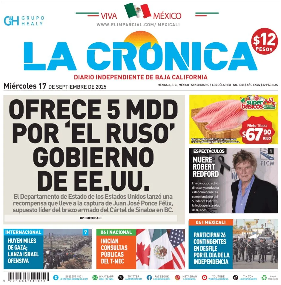 Portada de La Cronica del miércoles, 17 de septiembre de 2025