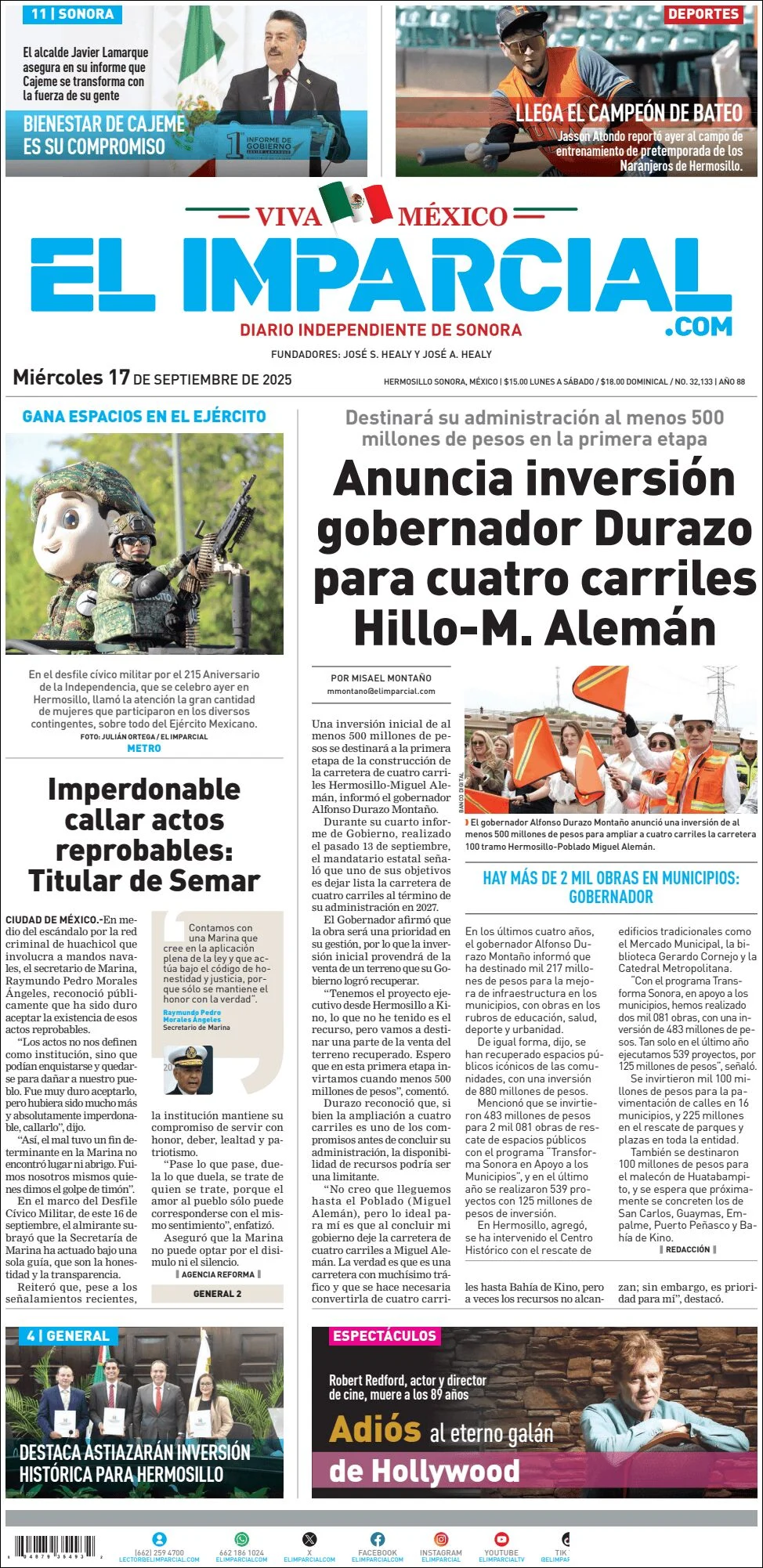 Portada de El Imparcial del miércoles, 17 de septiembre de 2025