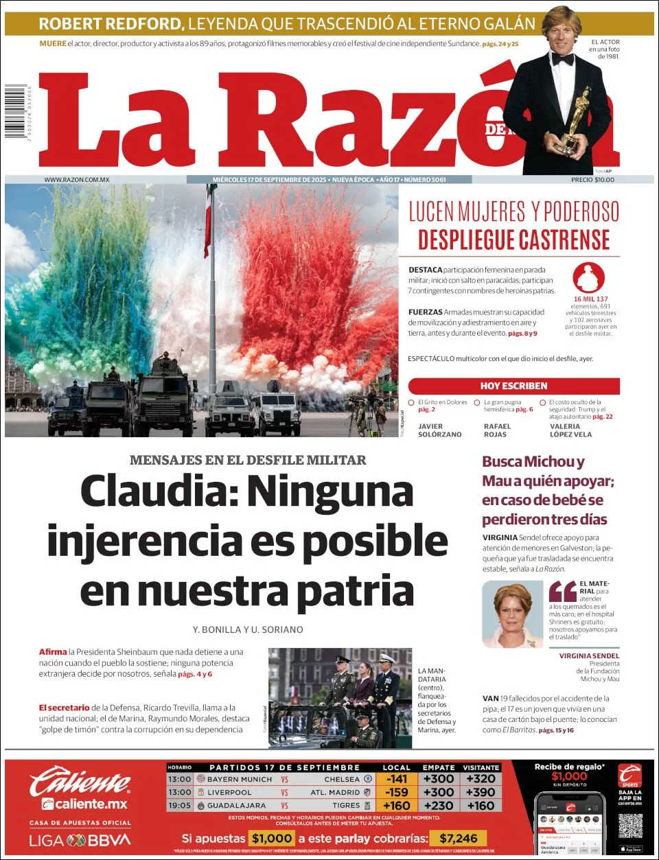 Portada de La Razon del miércoles, 17 de septiembre de 2025