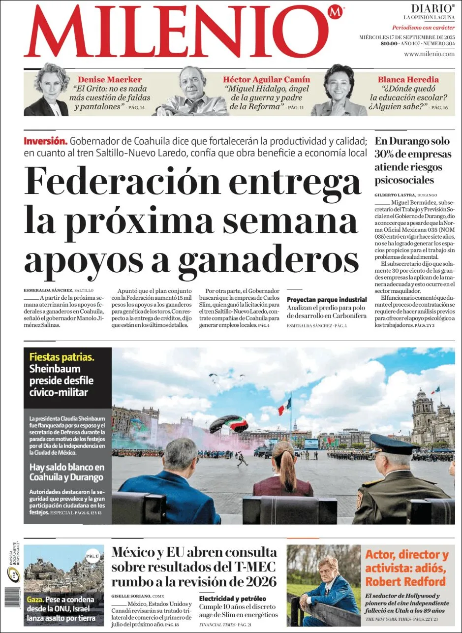Portada de Milenio Laguna del miércoles, 17 de septiembre de 2025