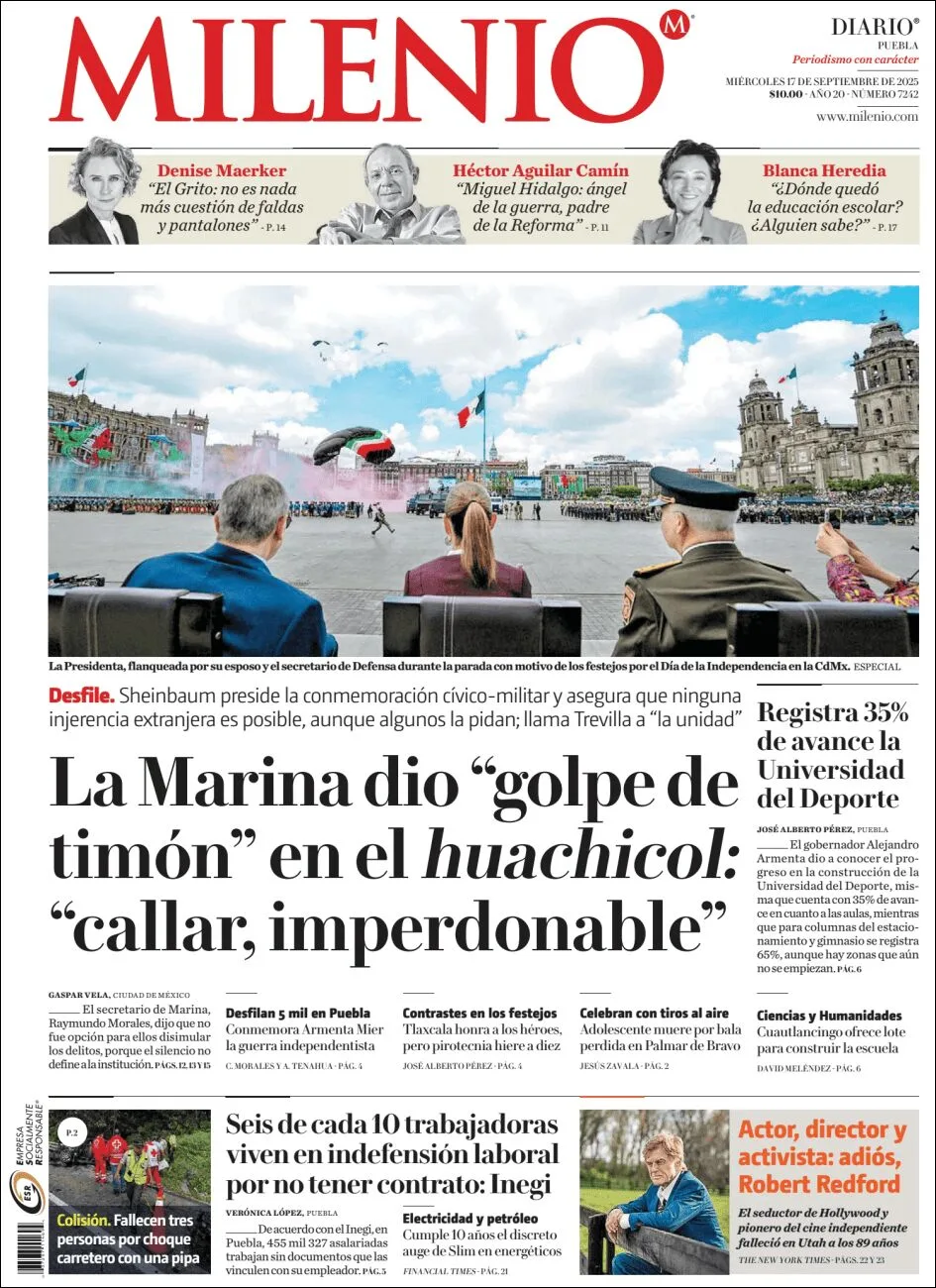 Portada de Milenio Puebla del miércoles, 17 de septiembre de 2025