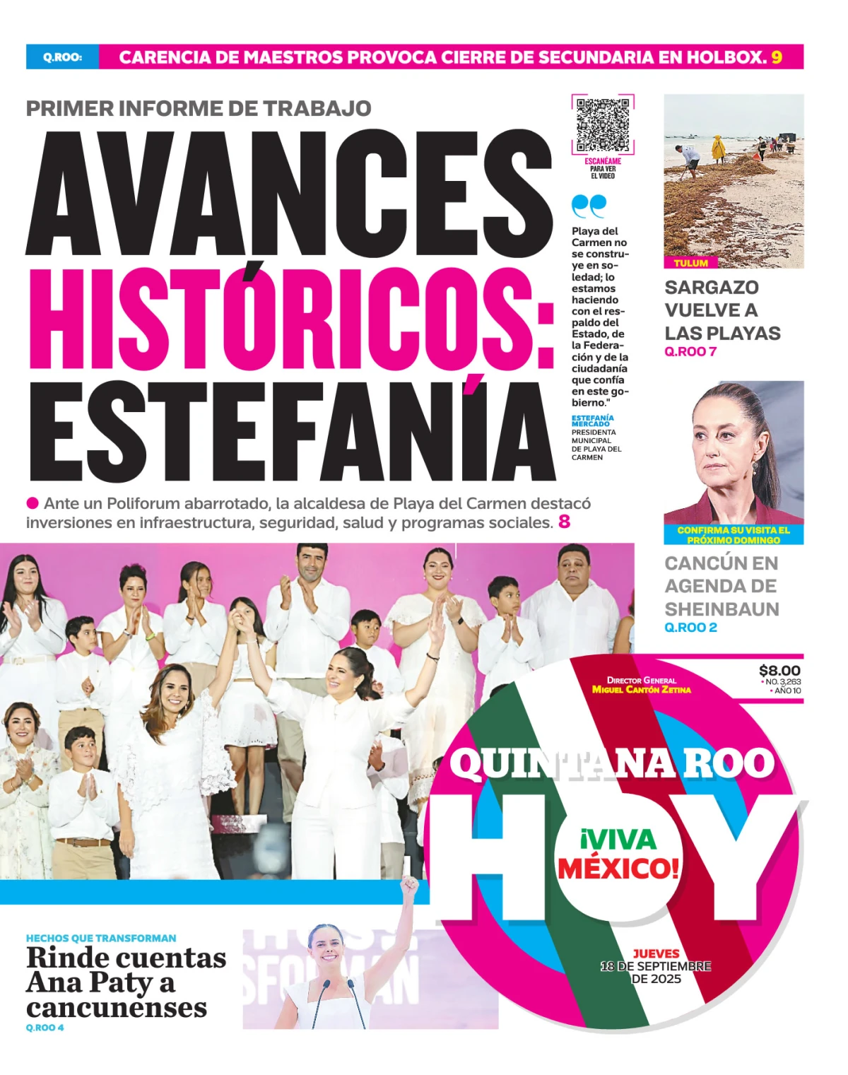 Portada de Quintana Roo Hoy (portada) del jueves, 18 de septiembre de 2025