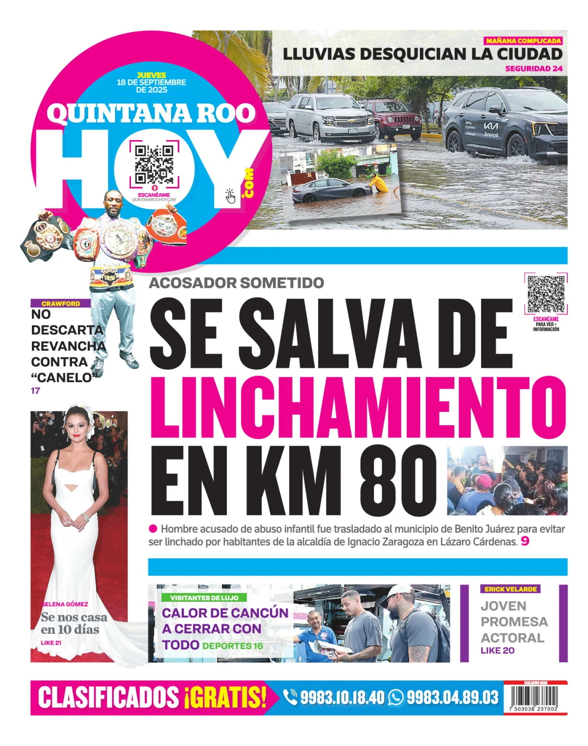 Portada de Quintana Roo Hoy (contraportada) del jueves, 18 de septiembre de 2025