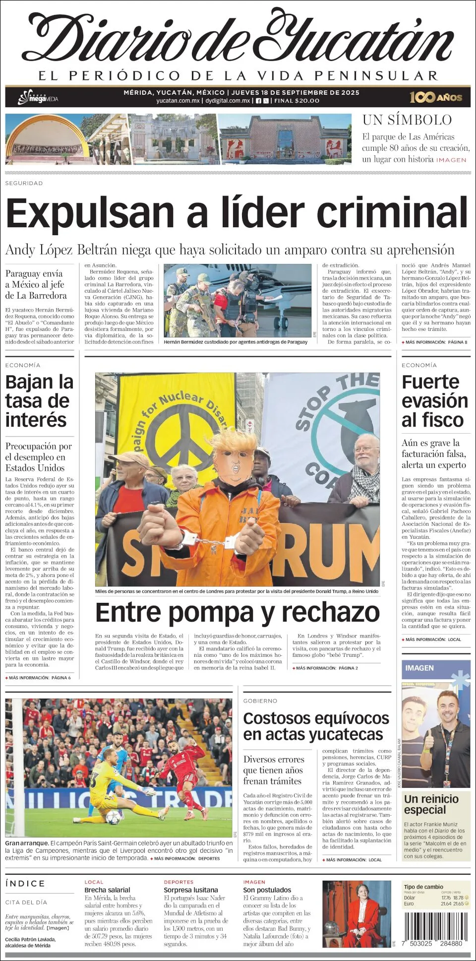 Portada de Diario de Yucatán del jueves, 18 de septiembre de 2025