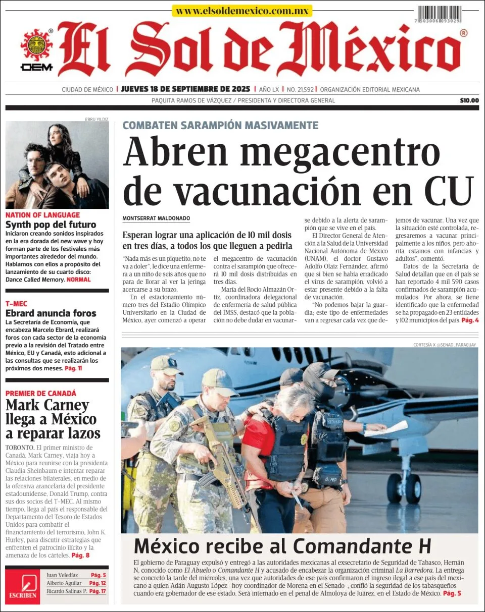 Portada de El Sol de Mexico del jueves, 18 de septiembre de 2025