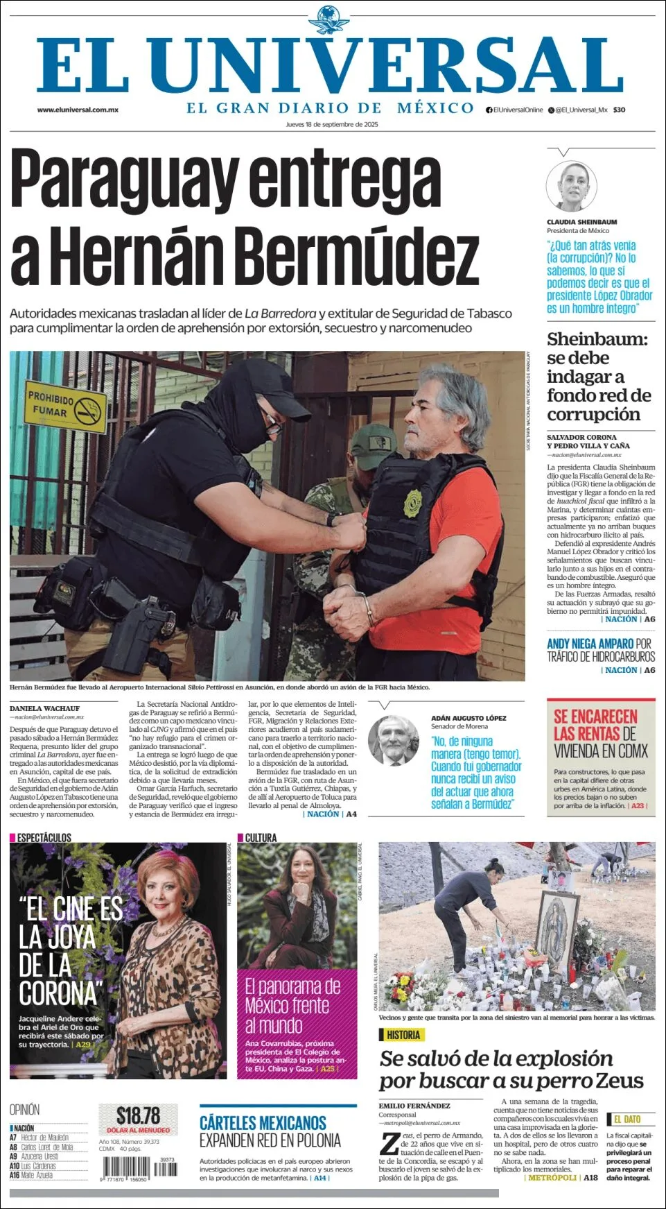 Portada de El Universal del jueves, 18 de septiembre de 2025