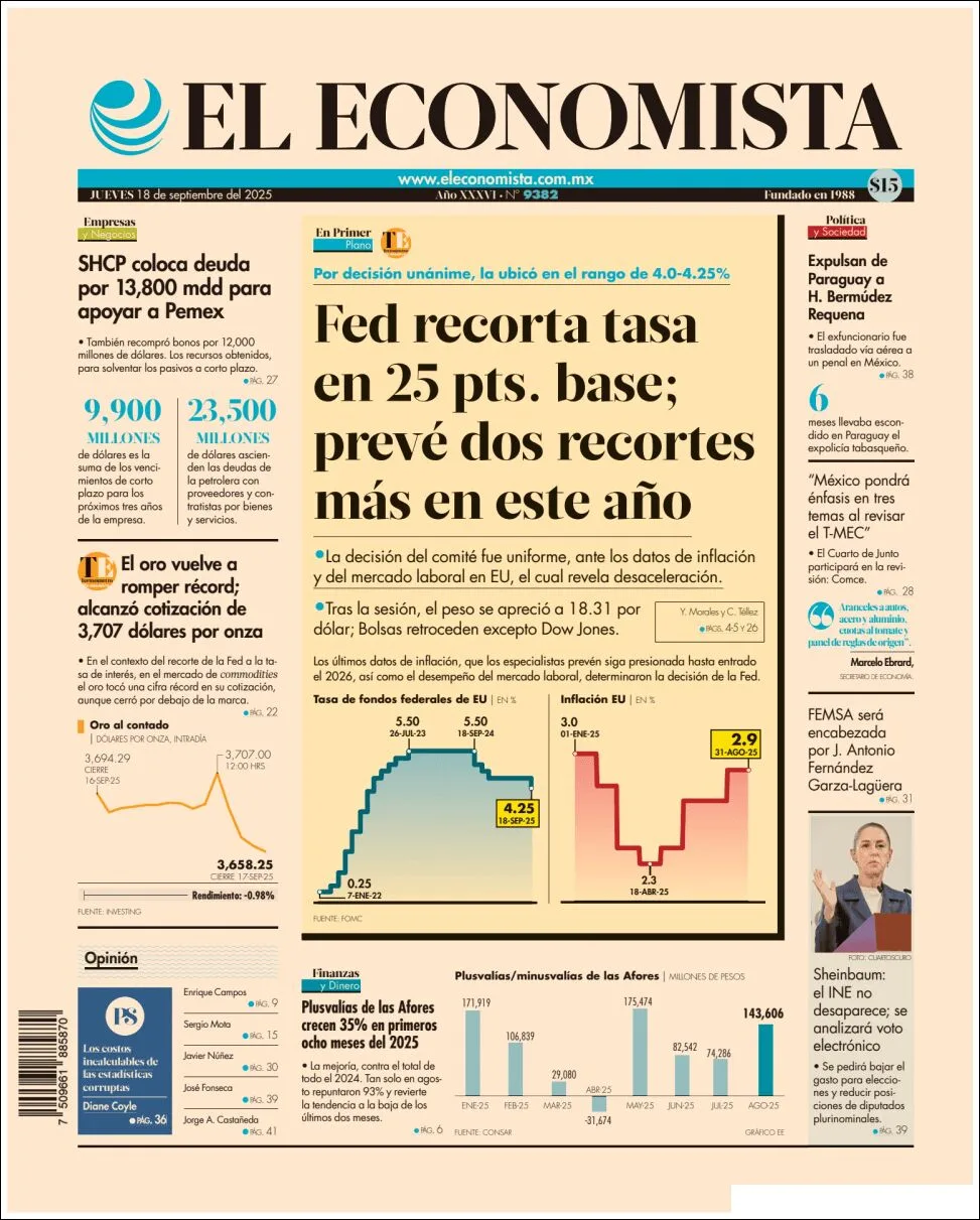 Portada de El Economista del jueves, 18 de septiembre de 2025