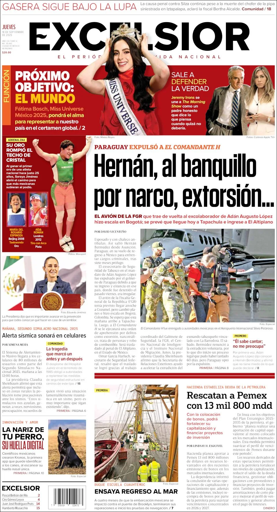 Portada de Excelsior del jueves, 18 de septiembre de 2025