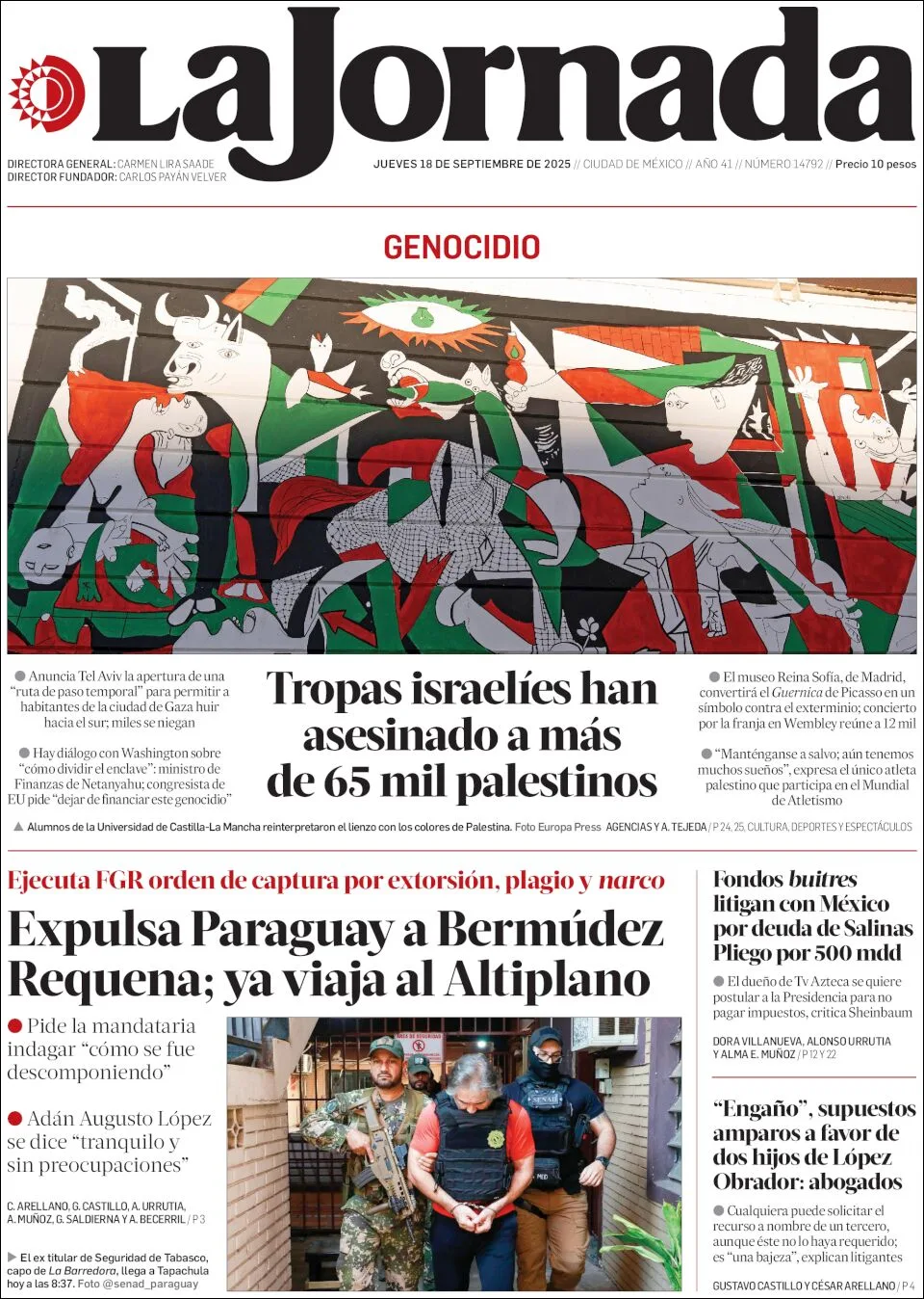 Portada de La Jornada del jueves, 18 de septiembre de 2025