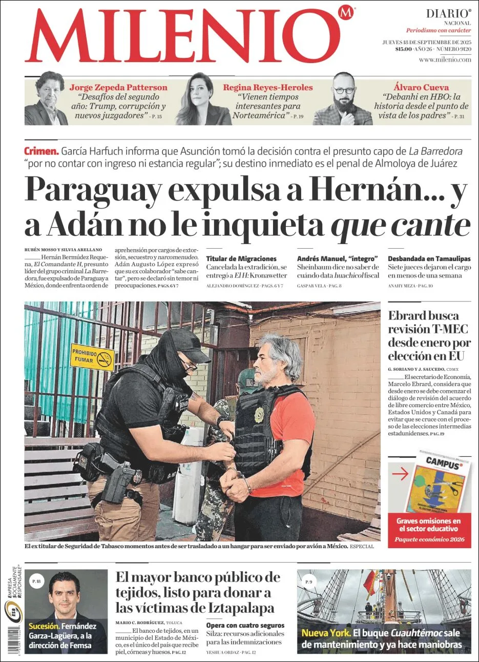Portada de Milenio del jueves, 18 de septiembre de 2025