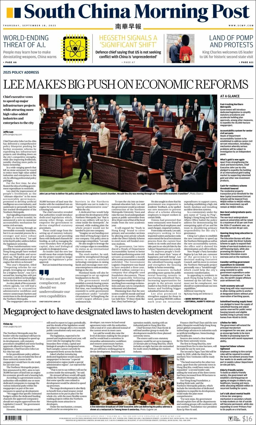 Portada de South China Morning Post del jueves, 18 de septiembre de 2025