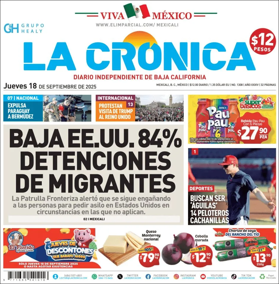 Portada de La Cronica del jueves, 18 de septiembre de 2025