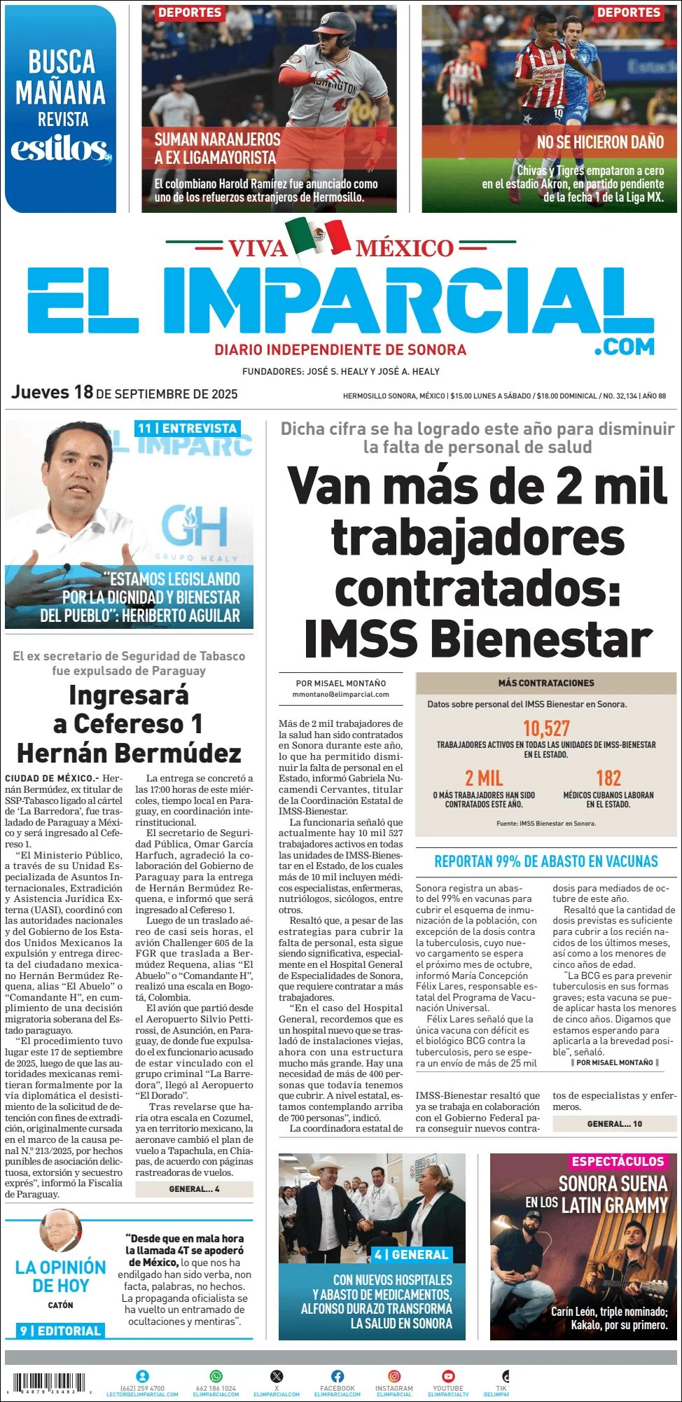 Portada de El Imparcial del jueves, 18 de septiembre de 2025