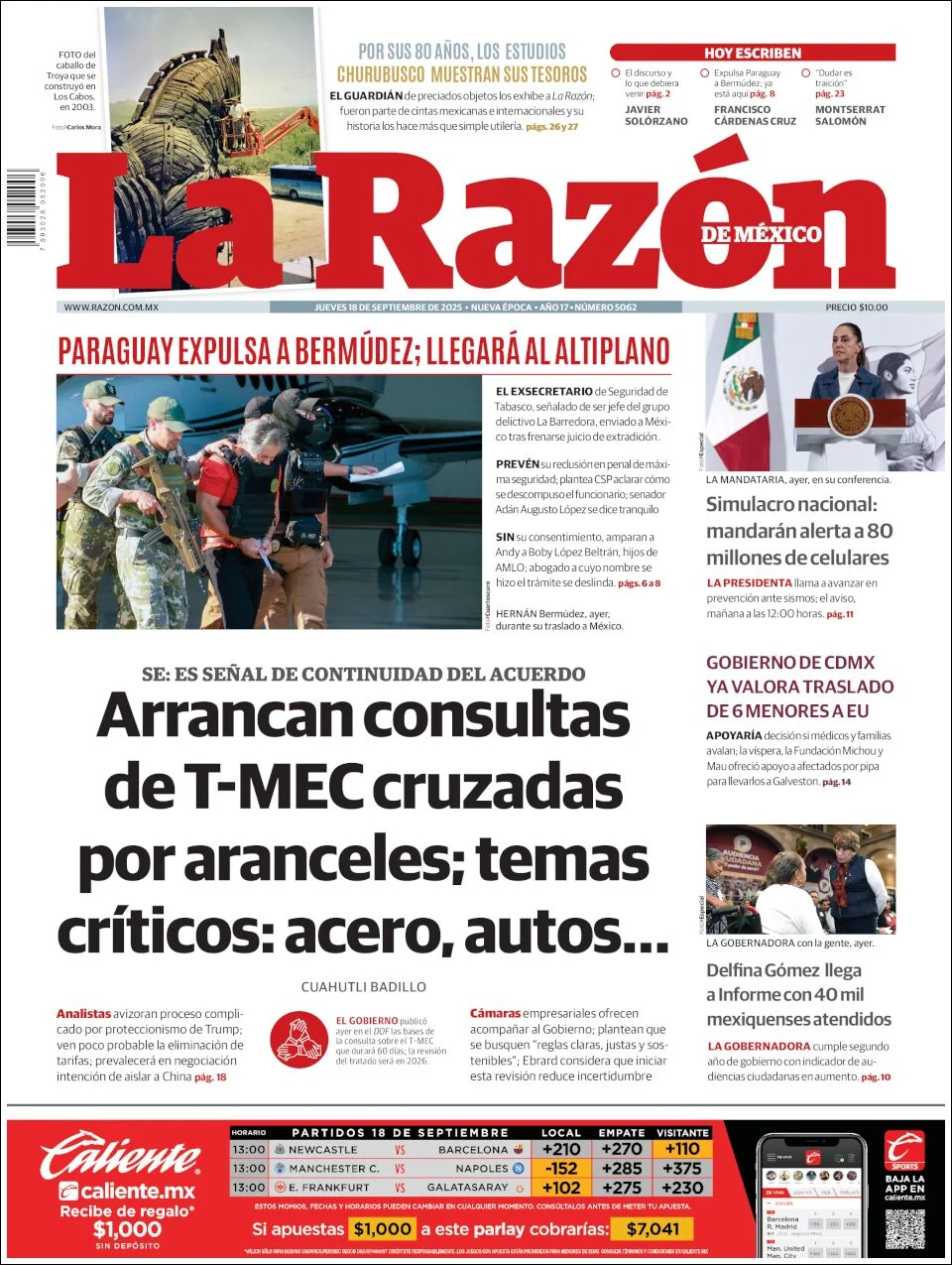 Portada de La Razon del jueves, 18 de septiembre de 2025