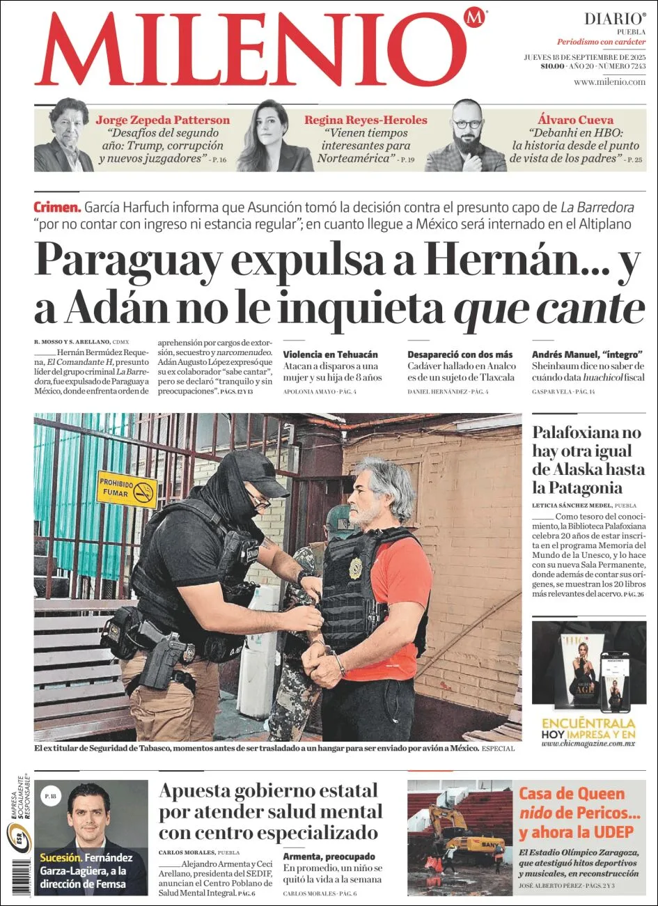 Portada de Milenio Puebla del jueves, 18 de septiembre de 2025
