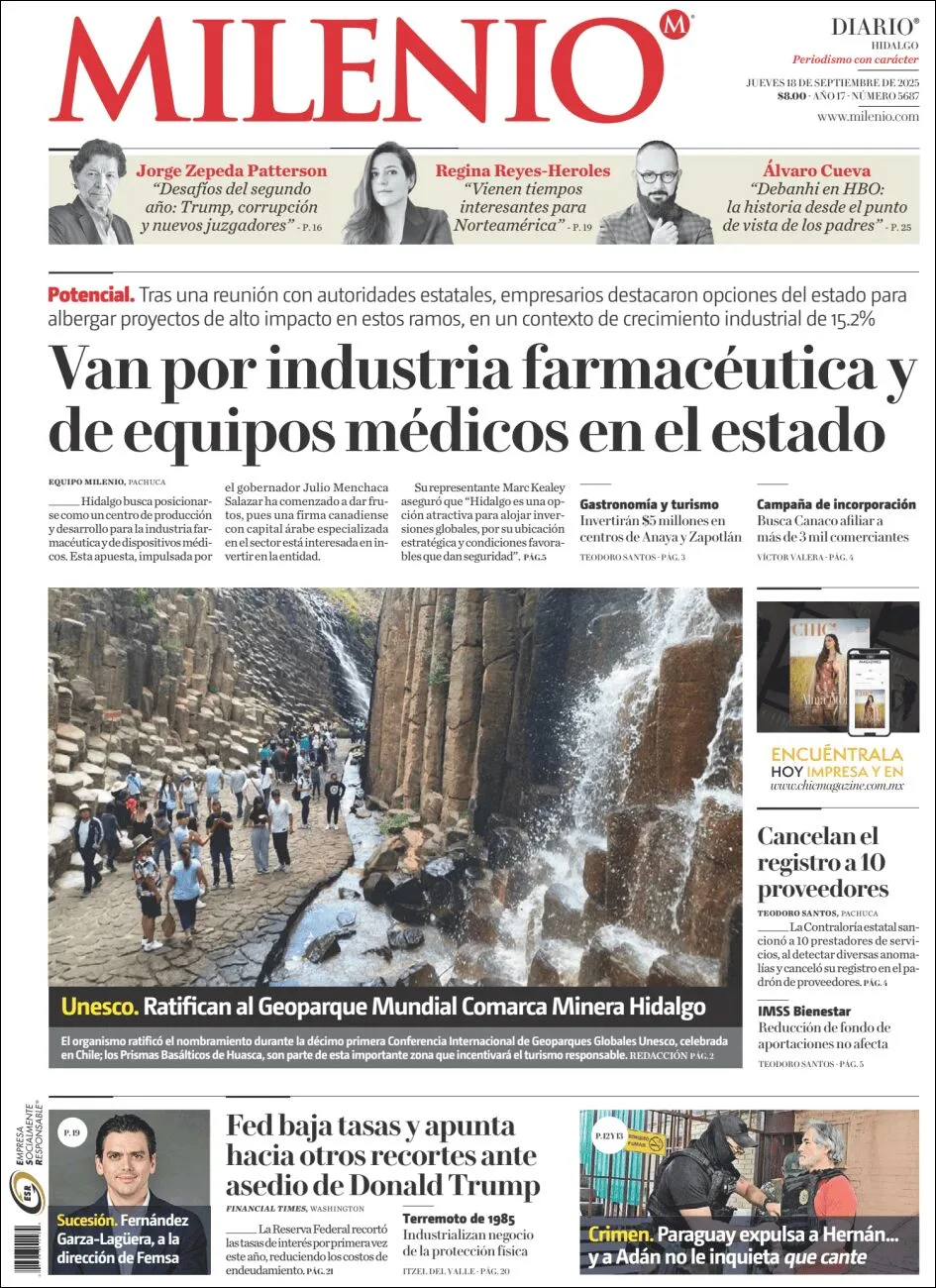 Portada de Milenio Hidalgo del jueves, 18 de septiembre de 2025