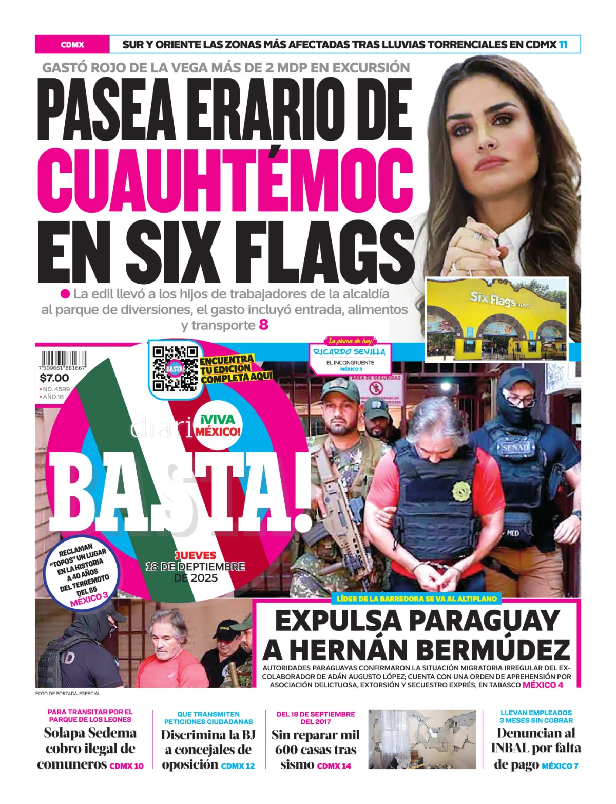 Portada de Basta! (portada) del jueves, 18 de septiembre de 2025