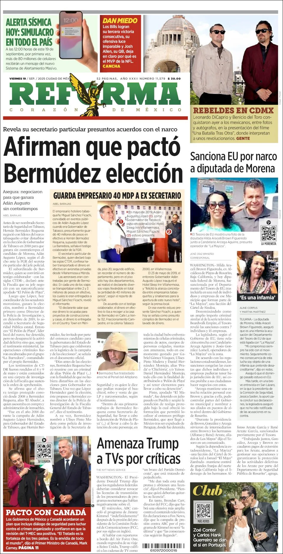 Portada de Reforma del viernes, 19 de septiembre de 2025