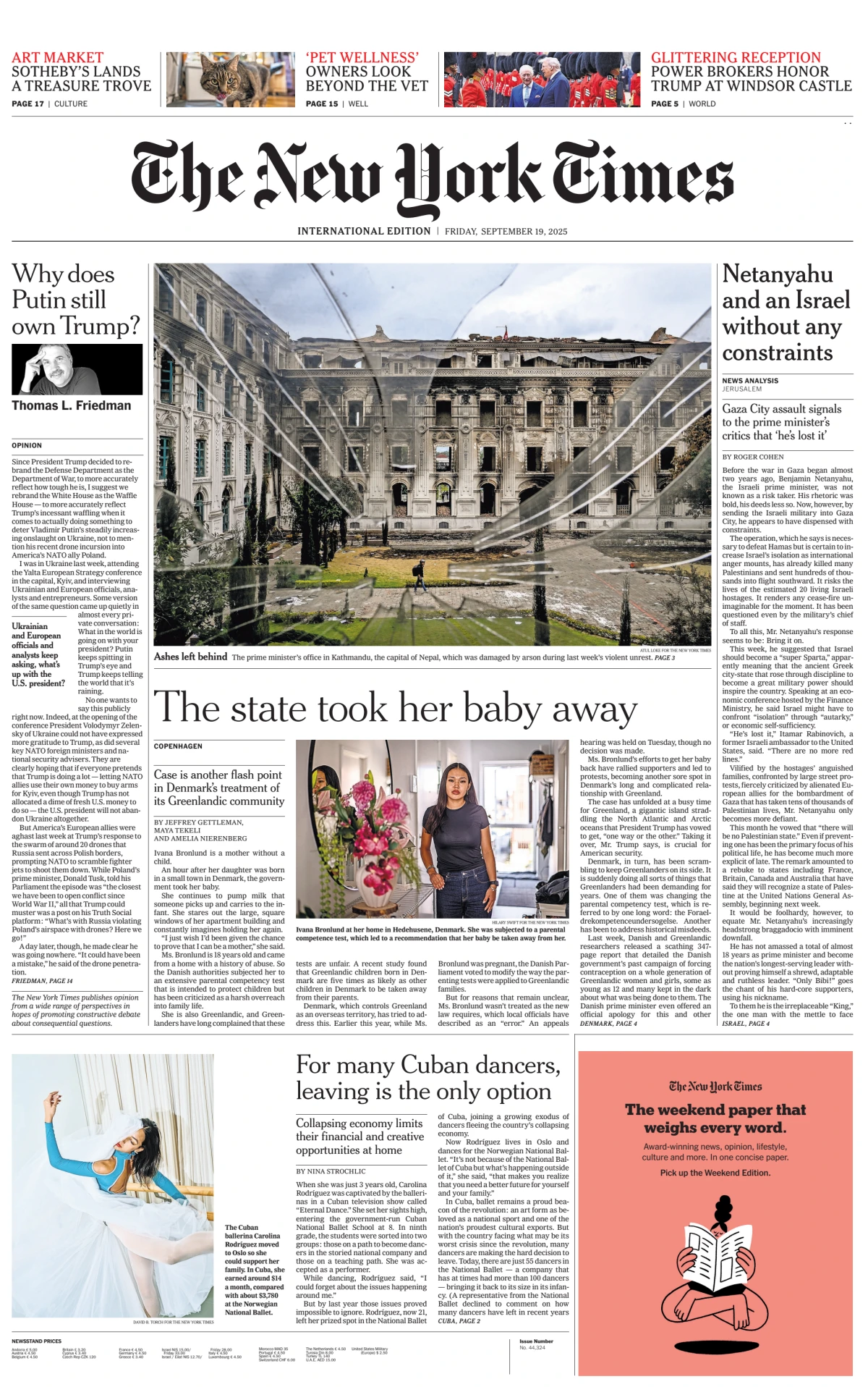 Portada de The New York Times (international) del viernes, 19 de septiembre de 2025