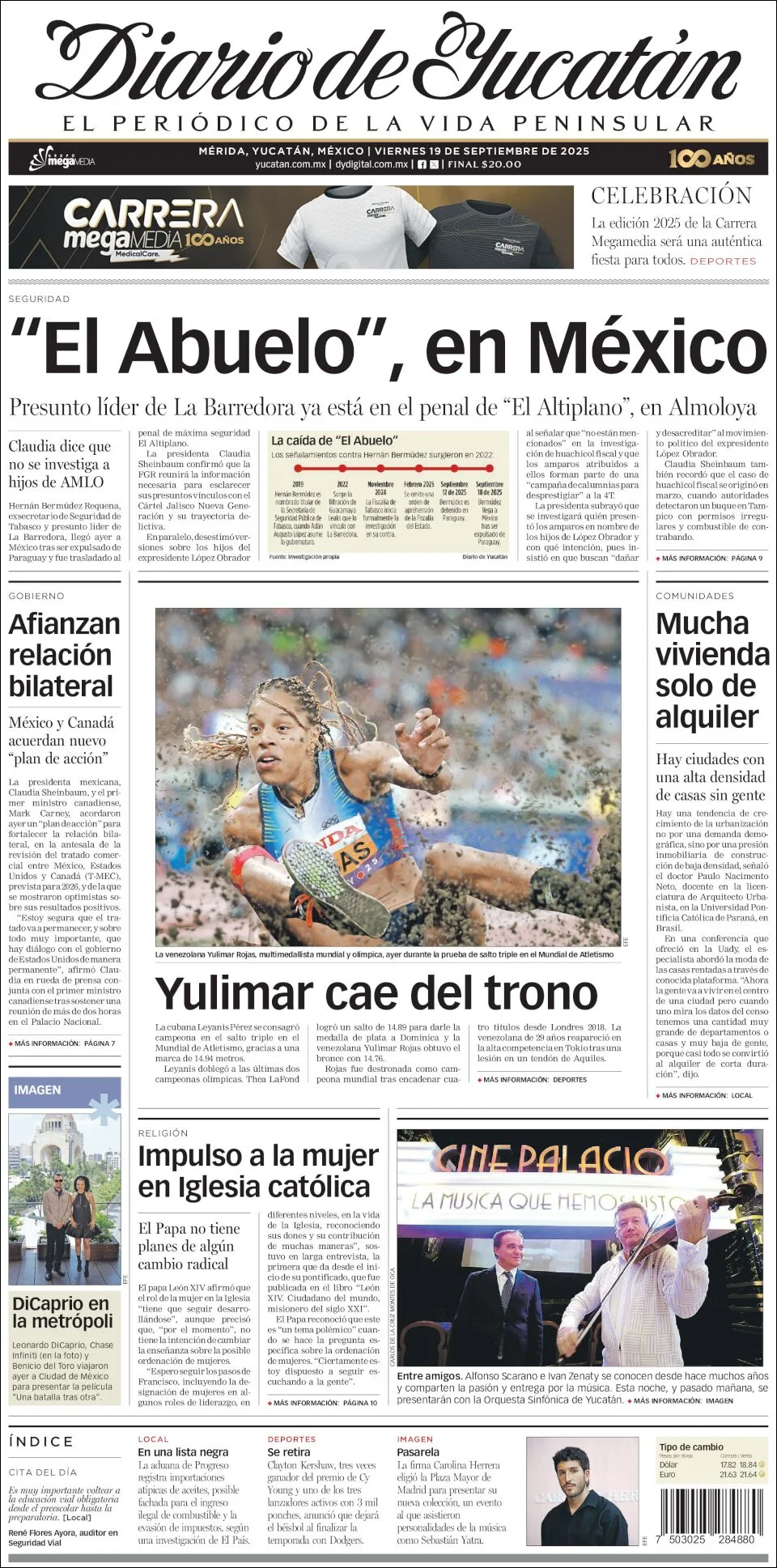 Portada de Diario de Yucatán del viernes, 19 de septiembre de 2025
