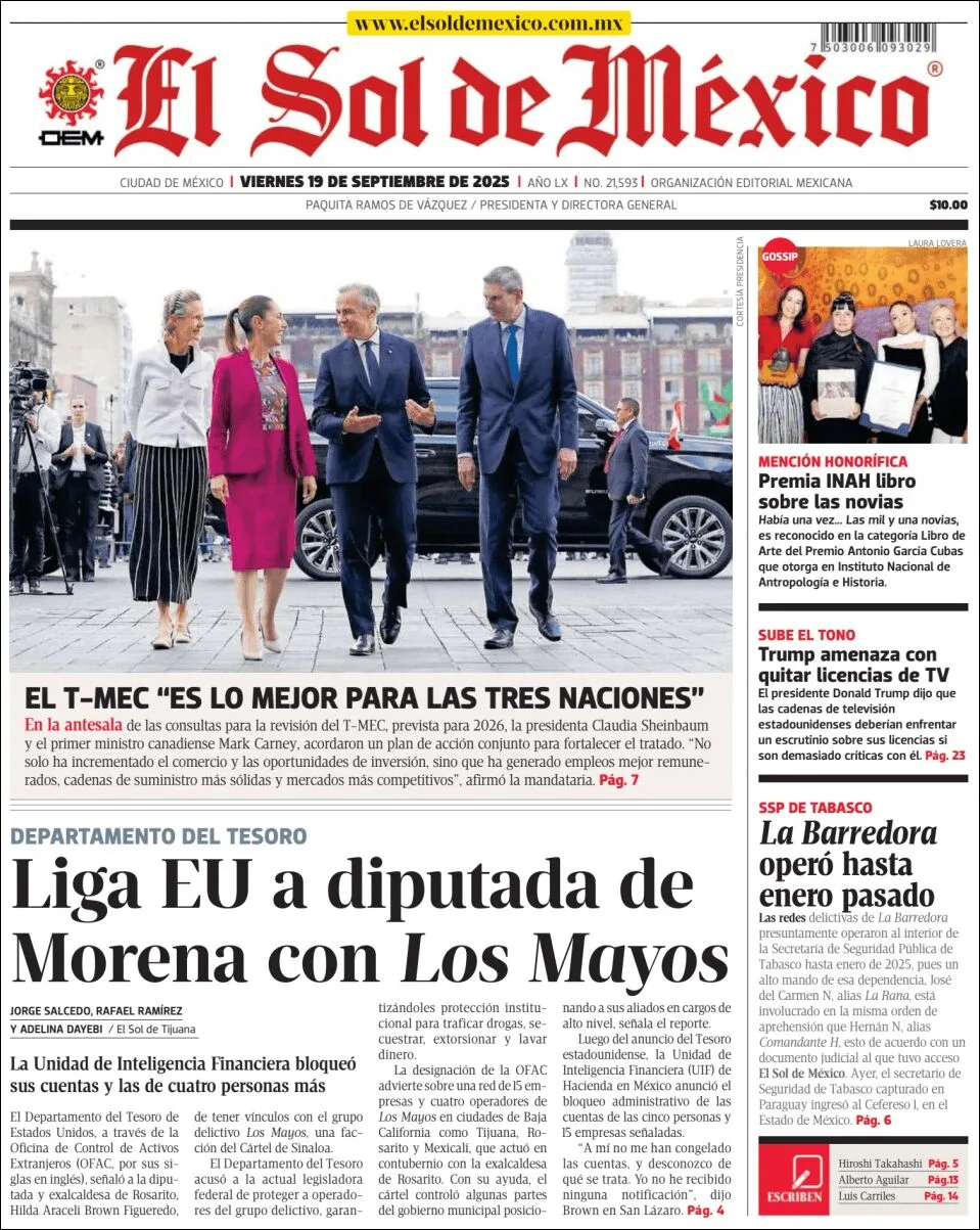 Portada de El Sol de Mexico del viernes, 19 de septiembre de 2025