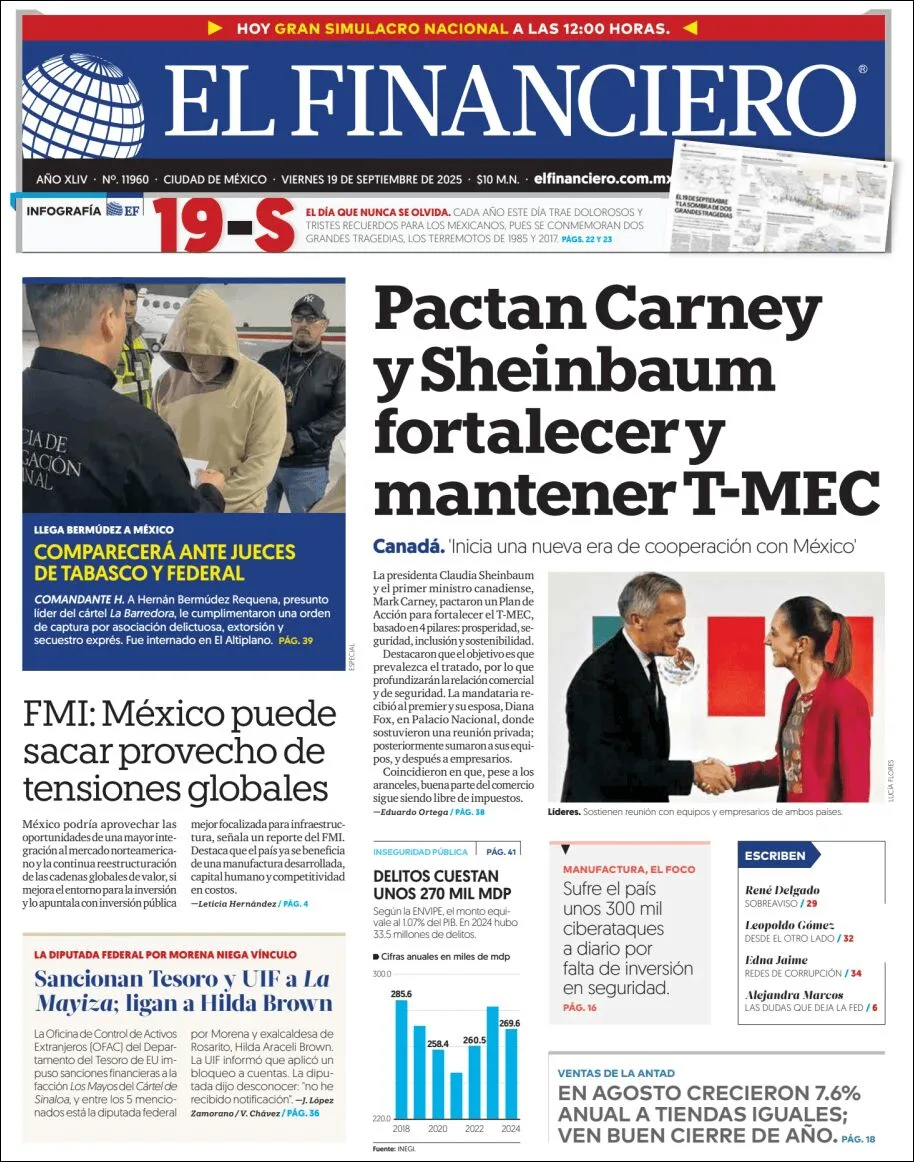 Portada de El Financiero del viernes, 19 de septiembre de 2025