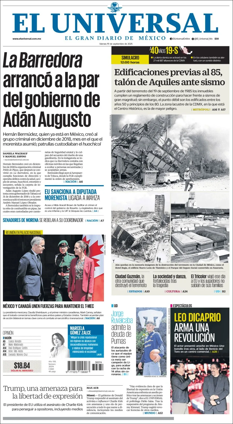 Portada de El Universal del viernes, 19 de septiembre de 2025