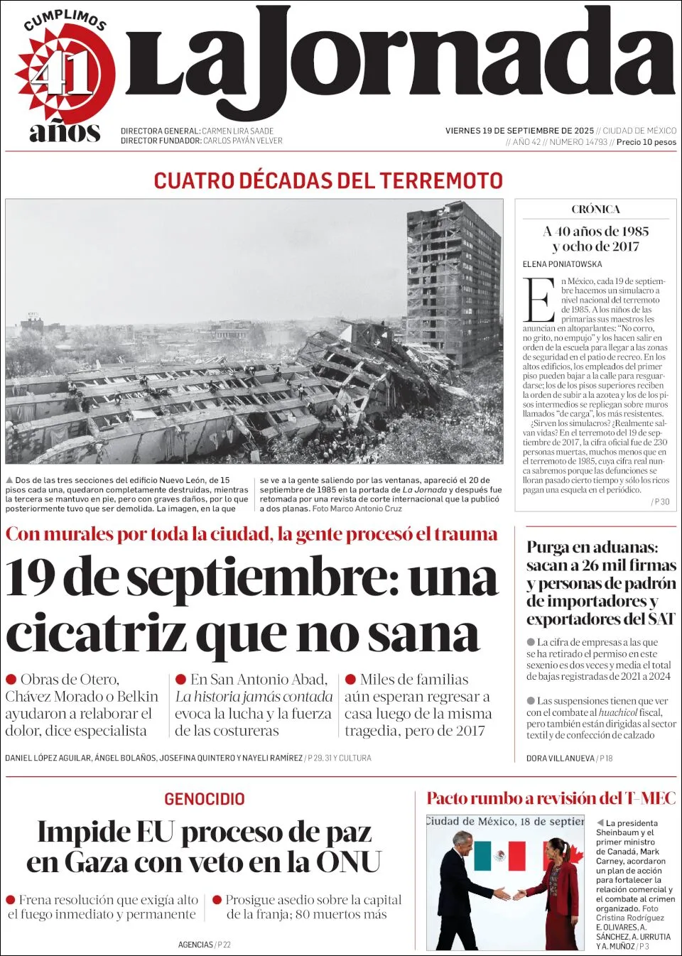 Portada de La Jornada del viernes, 19 de septiembre de 2025