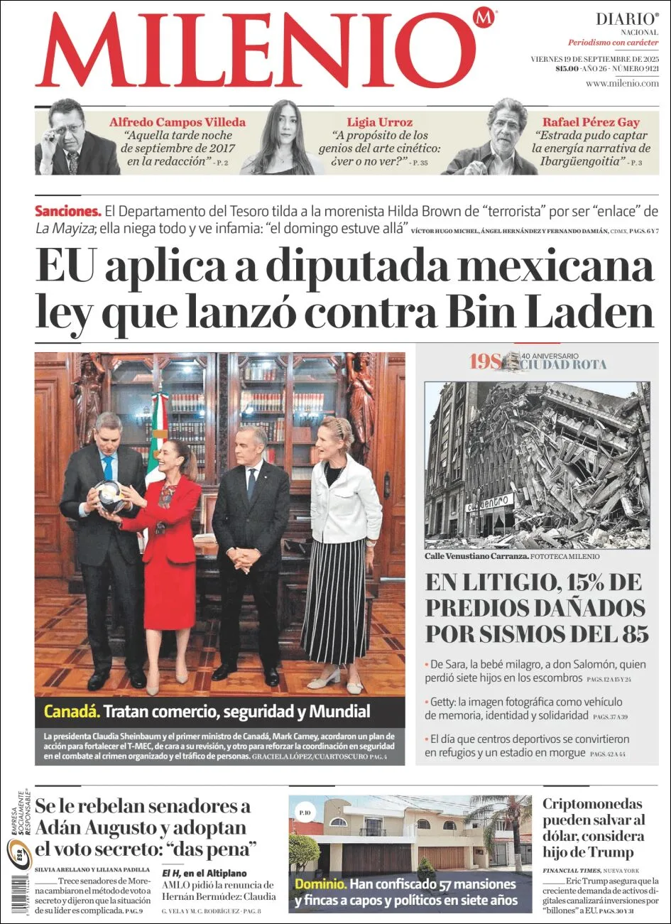 Portada de Milenio del viernes, 19 de septiembre de 2025